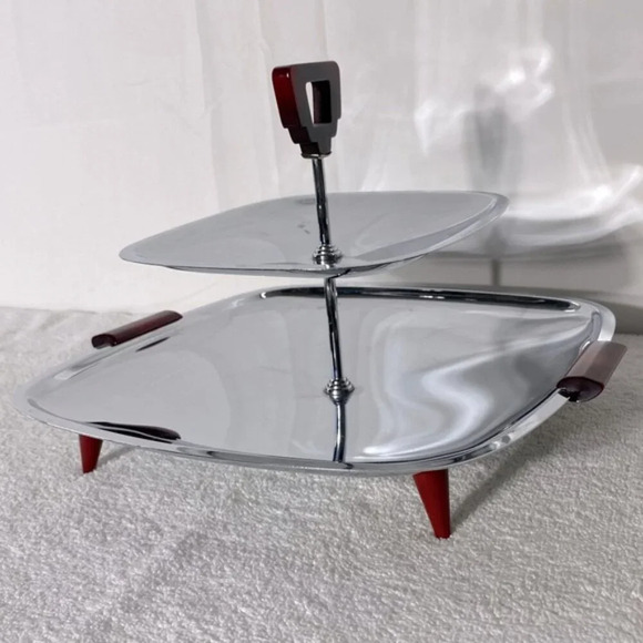 Vintage Glo Hill Gourmates Two Tier Chrome Serving Tray With Bakelite Handles - Picture 5 of 15